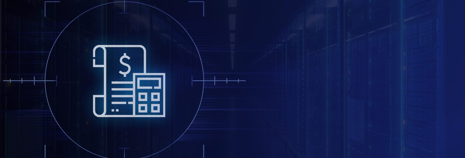 financial analysis paperwork graphic with backdrop of data center servers