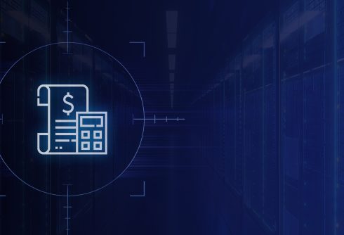 financial analysis paperwork graphic with backdrop of data center servers