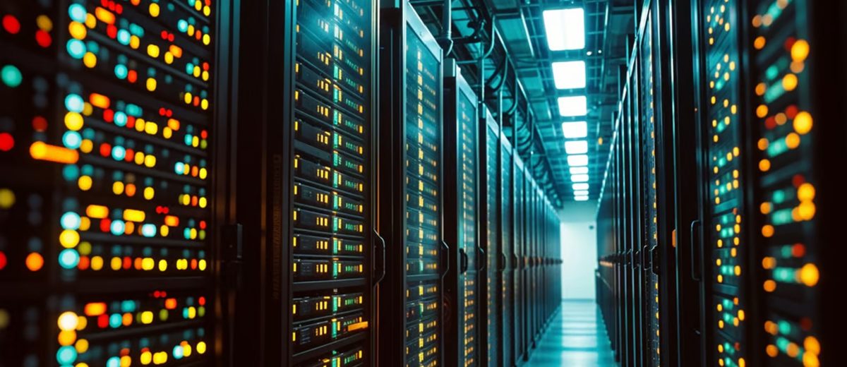 close-up view of server rack LEDs in a data center