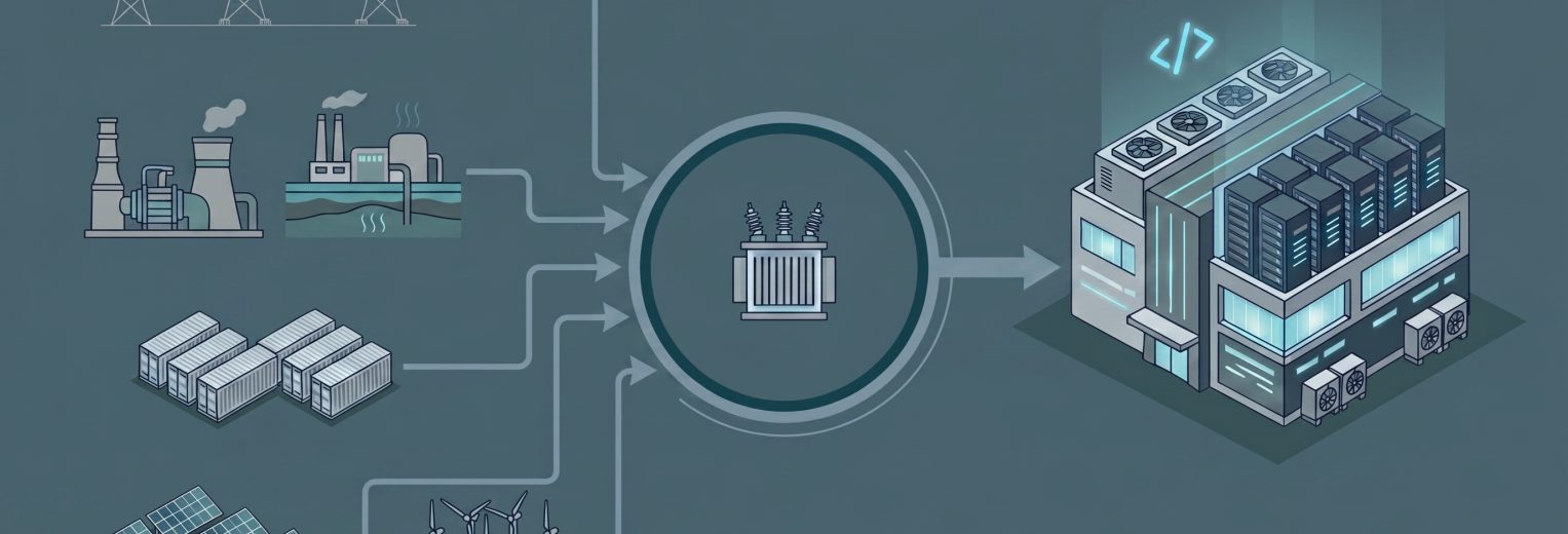 Illustration of diversified data center power solutions including grid power, onsite generation, storage, renewables, and transformers