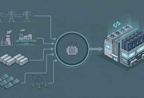 Illustration of diversified data center power solutions including grid power, onsite generation, storage, renewables, and transformers