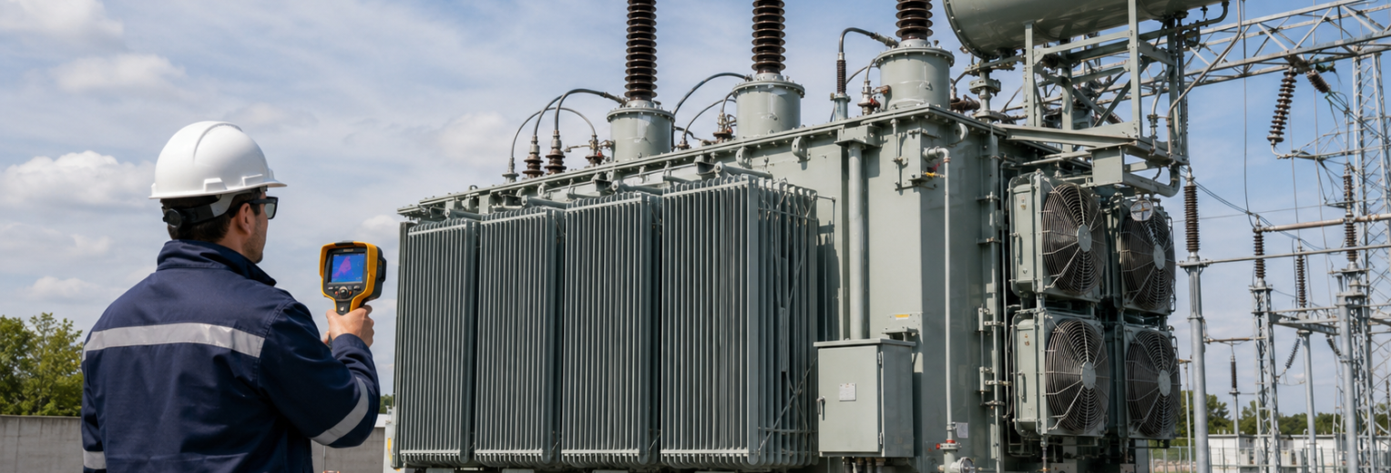 worker inspecting power transformer at substation