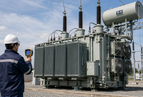 worker inspecting power transformer at substation